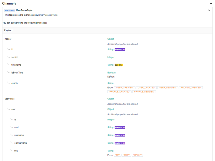 Figure 5. Generated message schema documentation – according to the AsyncAPI specification