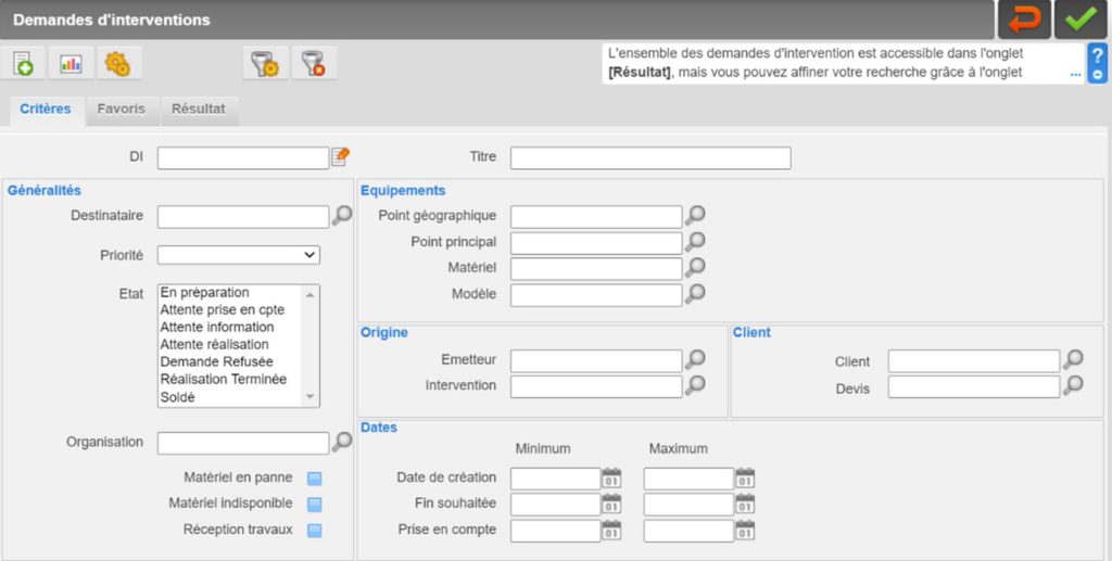 Interface de demande d'intervention sur Carl Source