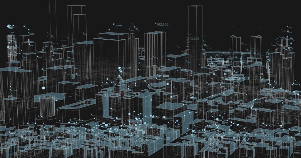 3D Big data in modern city. Abstract social information sorting visualization. Human connections or urban financial structure analysis. Complex geospatial data. Visual information complexity.