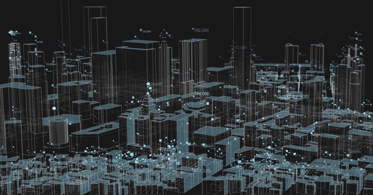 3D Big data in modern city. Abstract social information sorting visualization. Human connections or urban financial structure analysis. Complex geospatial data. Visual information complexity.