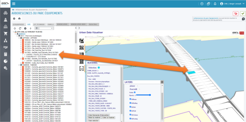 Figure 2: Solution integration in CarlSource, showing Ifc data of a bridge, the red arrow highlight the link between the slab's geometric and its CMMS instance